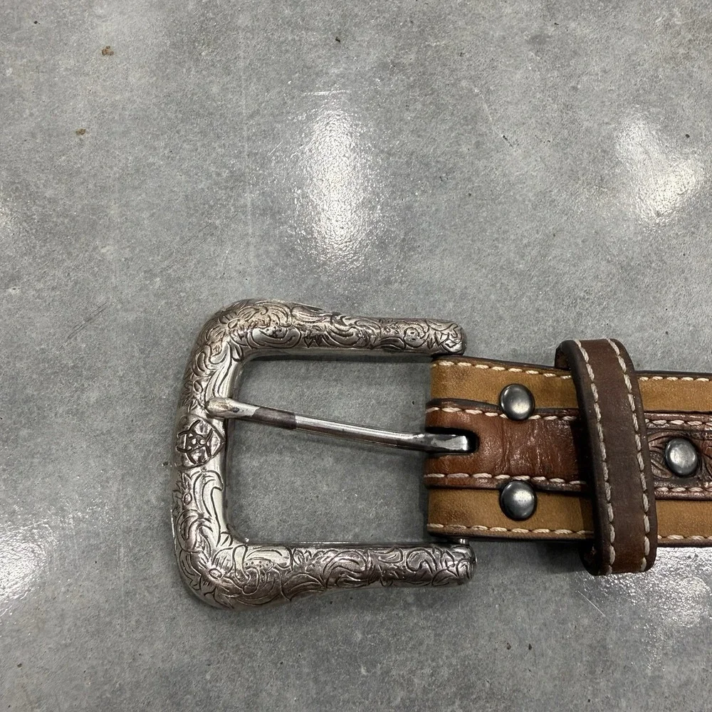 Ariat Mens 38 Western Leather Belt Brown Tooled Laced Cowboy Silver Buckle